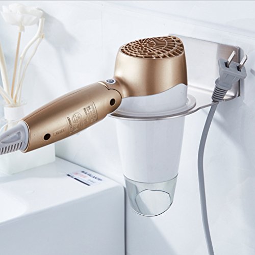 Preisvergleich Produktbild hblife Haartrocknerhalter Selbstklebender Fönhalter Haartrockner Halter Wandhalterung Klebstoff gebürstetem Klebeband Edelstahl Ohne Bohren in Baderzimmer für Haarentferner mit Steckerständer