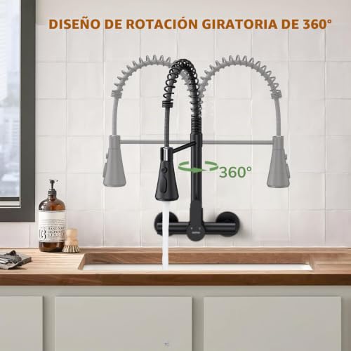 Miniatura 5 de Hurran Grifo Mural De Cocina, Grifo De Cocina Con 3 Modos De Salida, Grifo Monomando Giratorio 360 De Acero Inoxidable, Negro Mate