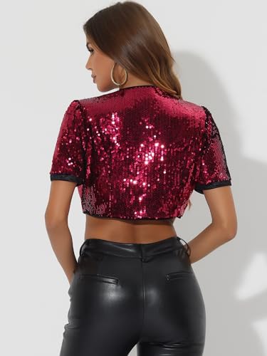 Image of Allegra K Sequin Cardigan for Women Puff Sleeve Open Front Jacket Sparkly Glitter Cropped Shrug Bolero