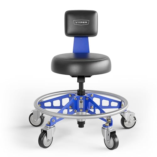 Vyper Robust Steel Max EZ-Lift Shop Chair with Backrest Heavy-Duty Garage Rolling Stool 400 lb Capacity and Industrial Casters Adjustable Ergonomic Mechanic Seat - 17 - 22.5 Blue Legs