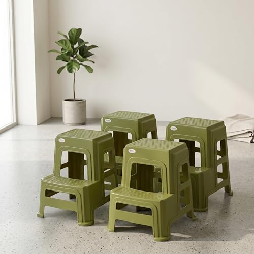 Image of Oaknest Supreme Multipurpose Plastic 2-Step Stool for Kids & Adults - Anti-Slip Lightweight Stepping Stool for Kitchen, Bathroom & Home - Mehandi Green, 4 Piece