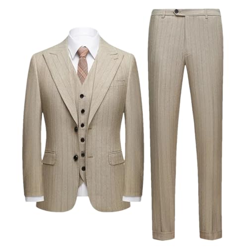 Mens Slim-Fit Striped Three-Piece Suit Set Business Wedding Vest Trousers Combo for Workplace