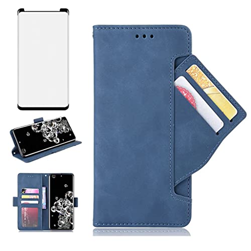 Image of Phone Case for Samsung Galaxy Note 8 Wallet Purse Leather Flip Cover With Tempered Glass Screen Protector Card Holder Slot Stand Kickstand Cell Accessories Glaxay Note8 Not Galaxies Women Men Blue