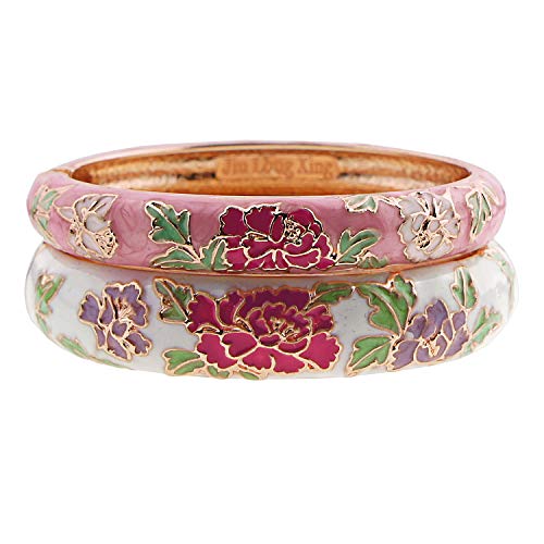 Ujoy Cloisonne Couple Colors Bracelets Golden Sunflower Enameled Spring Hinged Cuff Bangles Girls Womens Gifts Jewelry 55C48 White Pink #TOP1