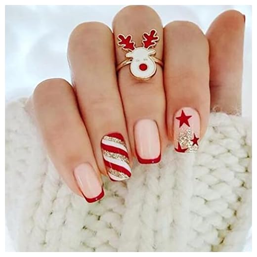 Christmas Press on Nails Short Red French Tip Fake Nails Square Acrylic Nails with Glitter Design Five-Pointed Star Swirl Full Cover Artificial Stick on Nails Winter False Nails for Women Girls