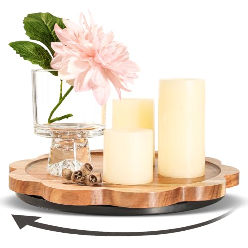 WLWNWFT Lazy Susan Turntable Organizer 10in, Acacia Wood Flower Shape Rotating Tray Candle Decoration Tray Centerpiece for Coffee Table, Candle Holder Display, Spice Rack, Pantry Organiser