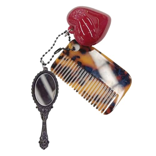 Fashionable Key Ring Leopard Print Comb Keychain with Heart and Makeup Mirror