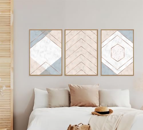 Kit 3 Quadros Estilo Marmorizado Rose Azul Moderno Decoração Casa Sala e Quarto (32 x 23 cm, Carvalh