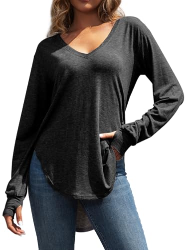 Womens Deep V Neck Long Sleeve Tops Loose Fit Oversized T Shirt Side Slit High Low Tunic Tops with Thumb Hole2