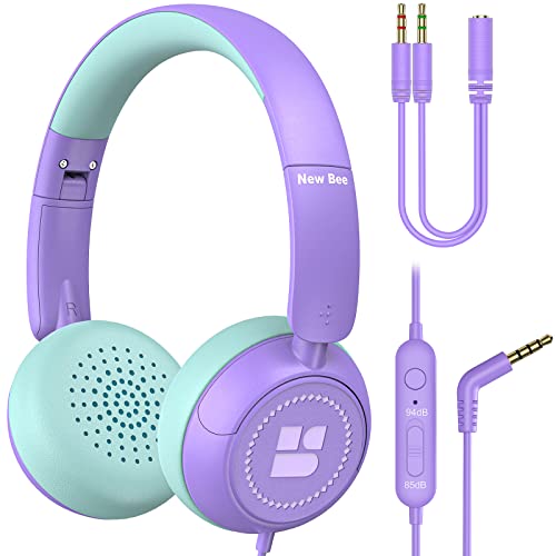 New bee Kids Headphones for School with Microphone HD Stereo Safe Volume Limited 85dB/94dB Foldable Lightweight On-Ear Headphone for Boys/PC/Mac/Android/Kindle/Tablet/Pad (Purple)