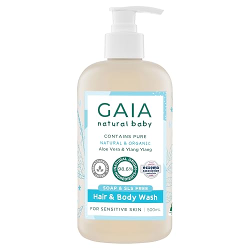 GAIA Natural Baby Hair & Body Wash | Certified Natural | Suitable for Newborns | Sensitive Skin formula | organic Aloe Vera | Soap Free | Perfume Free | Gentle Baby Wash | Australian Made | 500mL