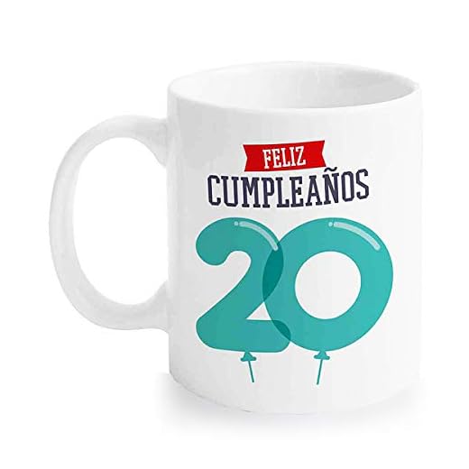 Taza Cerámica para Desayuno en Color Blanco de 300 ml, Un Regalo Original para Aniversarios - Feliz 20 Cumpleaños