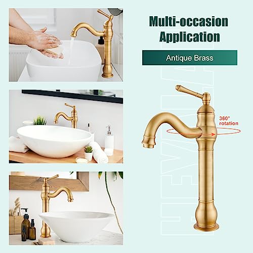 Heyalan Bathroom Vessel Sink Faucet Antique Brass Tall Body 360 Degree Spout One Handle Lever Single Hole Deck Mount Brass Pop Up Drain Assembly Without Overflow Vanity Mixer Tap #TOP4