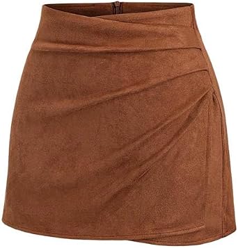 Women Vintage Ruched Wrap High Waist Zip Back Faux Suede Mini Skirts Elegant Fall A-Line Bodycon Short Skirts