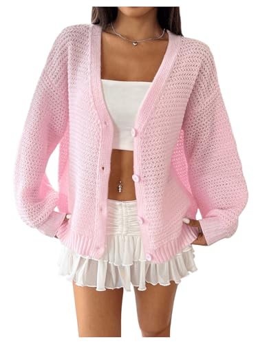 Image of BEAUDRM Women's Button Front Cardigans Drop Shoulder Hollow Out V Neck Long Sleeve Knitted Sweaters Pink Small