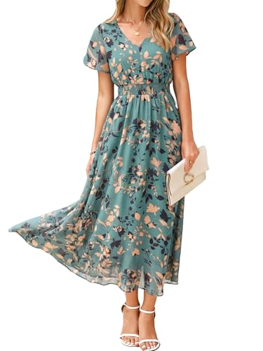 Image of Simplee Womens Floral Maxi Dress - Short Sleeve Summer Boho Wedding Guest Dress Empire Waist Chiffon Modest Midi Dresses