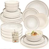 SÄNGER Key West | Steingut Geschirr Set 24 tlg, Teller Set 6 Personen, 6x Speiseteller, Müslischalen, Dessertteller, Pastaschalen, Tafelservice Creme Farben mit Sandiger Maserung | VALUE COLLECTION