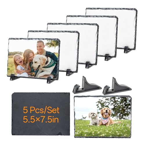DUDUSUB 5 Pack Sublimation Slate Blanks 5.5x7.5 Rock Photo Frame for Heat Transfer with Display Holder DIY Custom Desktop Keepsake Gift for Friend Partner Family