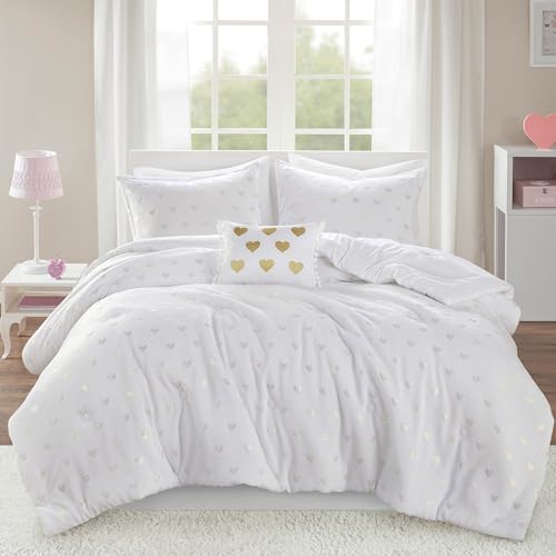 Image of Intelligent Design Queen Comforter Set, 4 Piece Metallic Hearts Bedroom Set for Girls, Queen Bed Set Soft Plush Comforter, Rosalie All Season Fluffy Bedding Set, Full /Queen, White /Gold 4 Piece