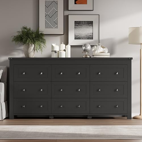 Image of BORNOON 9-Drawer Dresser, Modern Wooden Storage Chest of Drawers, Dresser TV Stand, Wood Drawer Organizer with Metal Handles for Bedroom, Living Room, Hallway