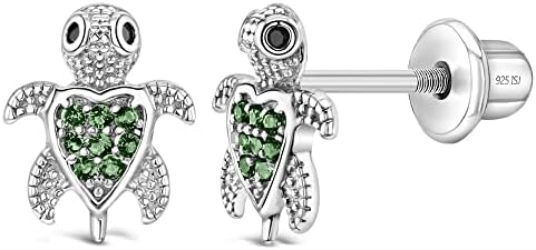 925 Sterling Silver Girl's Green Cubic Zirconia Screw Back Sea Animal Themed Earrings - Turtle Stud Earrings for Young Girls & Teens - Safety Screw Back Locking for Little Girl's Daily Use