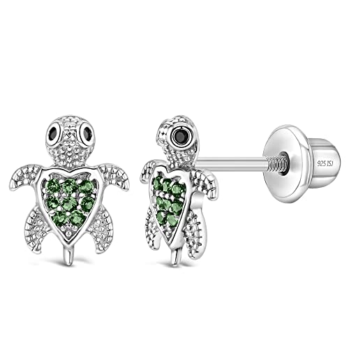 925 Sterling Silver Girl's Green Cubic Zirconia Screw Back Sea Animal Themed Earrings - Turtle Stud Earrings For Young Girls & Teens - Safety Screw Back Locking For Little Girl's Daily Use #TOP23