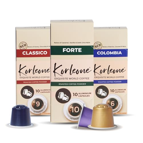 Image of KORLEONE Colombia, Classico & Forte Aluminium Nespresso Compatible Coffee Pods 30 Capsules Pack of 3 Intensity 6 /9 /10 Medium to Dark Roast Level