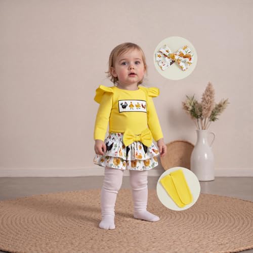 KMBANGI Newborn Toddler Baby Girl Farm Outfits Ruffle Sleeves Chick Smocked Romper Tutu Skirt Stockings Headband Cute Clothes3