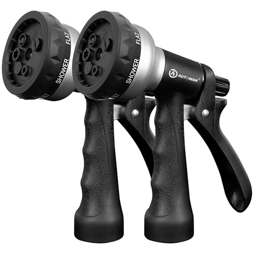 AUTOMAN-Garden-Hose-Nozzle, 2 Pack ABS Water Spray Nozzle, 7 Adjustable Watering Patterns, Slip Resistant for Watering Plants, Lawn& Garden, Washing Car, Showering Pets & Outdoor Fun.Silver Color