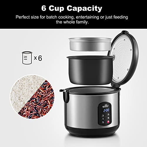 Willz Rice Cooker, Slow Cooker, Food Steamer & Warmer, 12 Cup Cooked/ 6 Cup Uncooked, With 5 Preset Programs, Non Stick Bowl & Steam Basket, Stainless Steel #TOP4