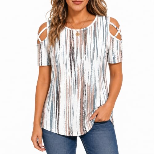 Image of Jar of Love Women's Summer Tops Short Sleeve Cold Shoulder Tops T-Shirts for Women Spring Summer Tops Loose Fit Tunic 2026