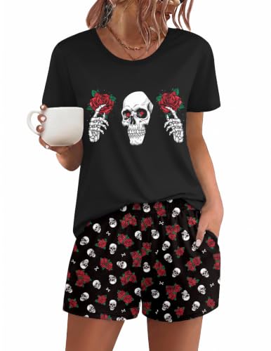 Image of Ekouaer Women's Pajama Sets 2 Piece Short Sleeve Tops and Soft Shorts Pjs