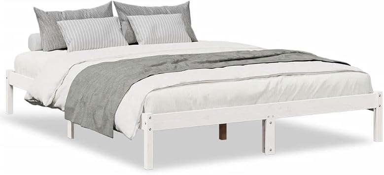 Extra Long White Double Bed Frame 140x210 cm Solid Pine Wood Sturdy Slatted Base Modern Minimalist Design for Master Bedroom Teen Room Loft