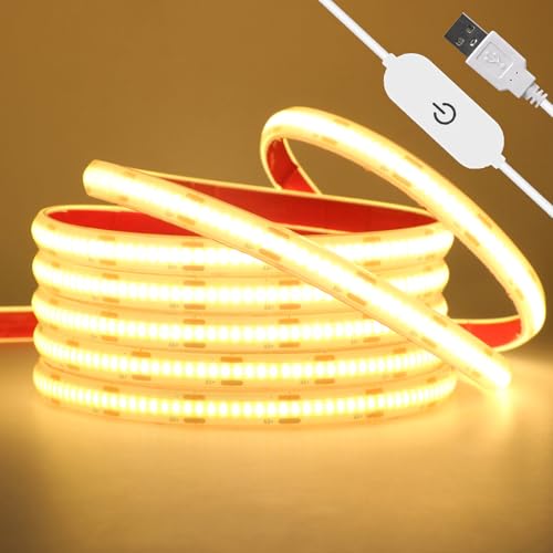 Wisada USB Dimmbar COB LED Streifen 0.5M, 5V 320LEDs/m Flexibler IP68 Außenlichtstreifen Lichterketten, Warmweiß COB LED Lichtband mit Löten Sie Touch Dimmer für Weihnachten, Party-Deko