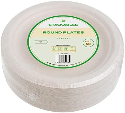 STACKABLES ~ 50 Pack Natural Colored Biodegradable Bagasse 7 inch Dinner Plates Eco Friendly Compostable Party Paper Plates ~ 17.8cm Round Disposable Sugercane Plates For Weddings Receptions & Parties