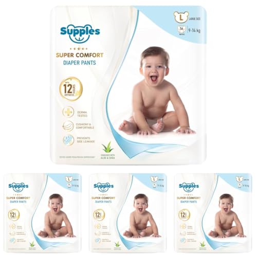 Image of Amazon Brand - Supples Super Comfort Baby Diaper Pants | Large (9-14 kg), 56 Count | Dermatologically tested, Ultra-Thin, Soft & Breathable | Wetness Indicator, Anti-Leak, All-Night Absorbency