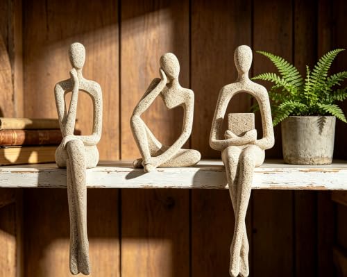 Abstract Reading Thinker Statues for Book Shelf Office, Sandstone,Set of 3