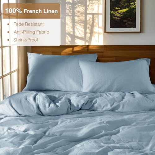 SONORO KATE 100% French Linen Duvet Cover King Size, Soft Breathable for Hot Sleepers, Moisture Wicking & Durable Cover Set - Zipper Closure & 4 Corner Ties Duvet Covers 3 Piece (Dusty Blue,King)