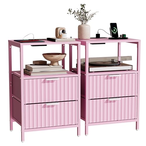 Image of Bonnlo Fluted Nightstand Set of 2, Fabric Dresser with 2 Drawers and 1 Shelf, Bedside Table /End Table with Charging Station, Nightstand for Bedroom, Livingroom, College Dorm, Pink