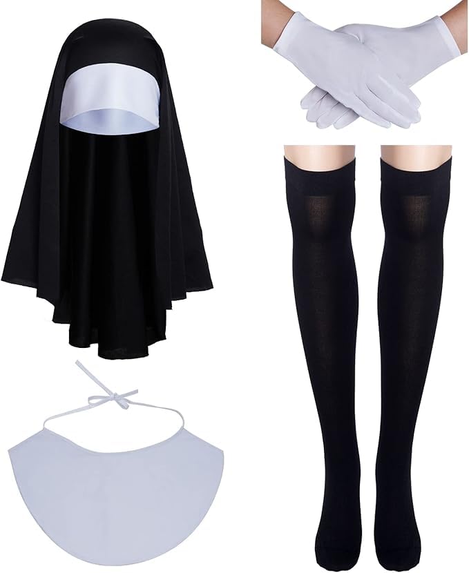 Fartoni Véu freira para disfarce de freira adulto ou mulher. Véu + babador + luvas meias acessórios disfarce religioso Halloween. Complementos de terror ou medo para disfarces de Halloween.