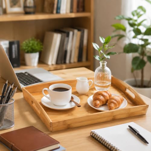 Peohud 4 Pack Bamboo Serving Trays with Handles, Rectangular Kitchen Food Tray for Eating, Dinner Trays for Eating on Couch, Wood Serving Platter for Breakfast, Tea, Bar, Restaurant, Party or Bed by Peohud - Used condition - Image 8