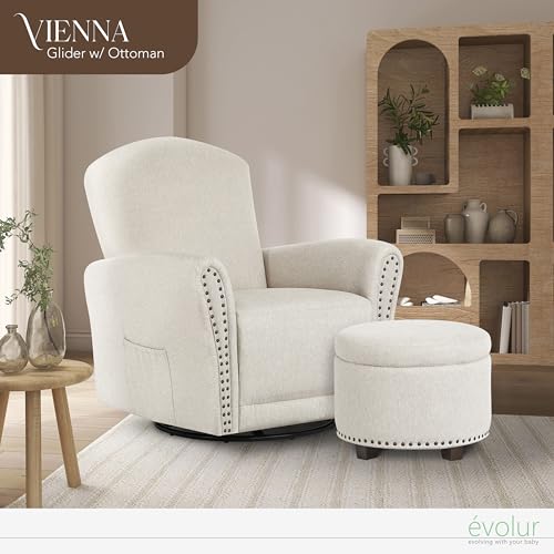Image of Evolur Vienna Swivel Glider with Ottoman, FSC Certified, Greenguard Gold and JPMA Certified Glider Rocking Chair, 360 Swivel Motion, Ergonomic Design Nursery Glider, Sweet Cream