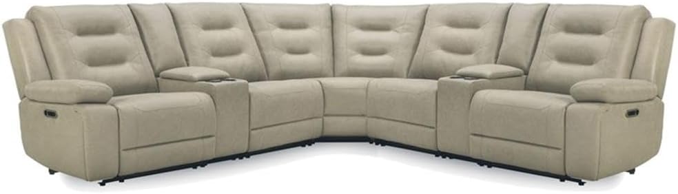 Pemberly Row Tahoe Fog 7-Piece Power Reclining Sectional, Adjustable Headrests, High-Performance Fabric, USB Charging Ports, Cup Holders, Storage Console, Neutral Color, Modular Living Room Seating