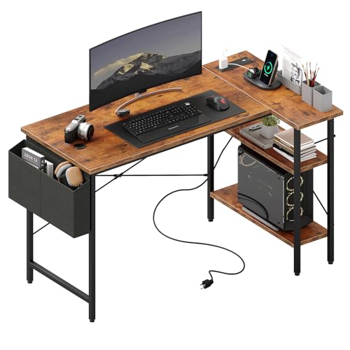 DUMOS Corner Gaming Desk with Power Strip, Storage Shelves and Drawers