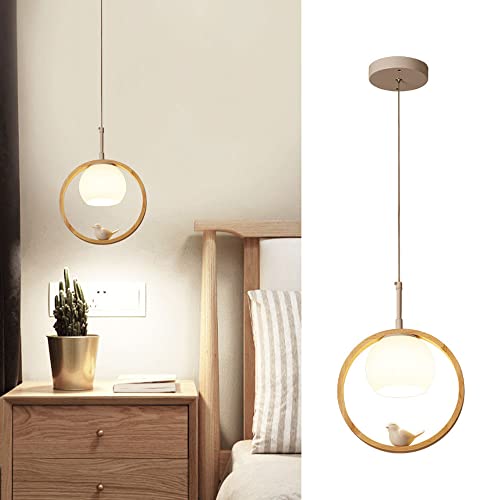 lampada a sospensione in legno globo di vetro piccolo lampadario plafoniera, lampada moderna a sospensione uccellino bianco, testa singola Lampade a sospensione per tavolo da pranzo comodino camera da
