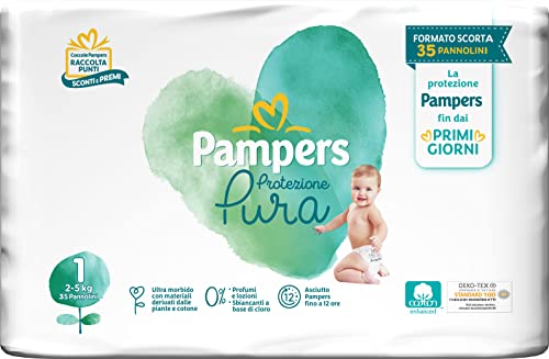 Pampers Protección pura (naturaleza) Newborn, Pañales conteniendo algodón y materiales naturales Derivantes de plantas, 0% perfume, niños Unisex, talla 1 (2-5 kg), paquete de 35