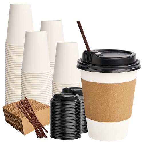 12 oz 100 Pack Disposable Paper Coffee Cups with Lids, Sleeves and Stirrers