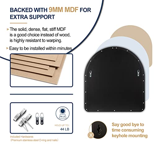 Andy Star Arched Mirror, 26" X 28" Black Bathroom Mirror In Stainless Steel Metal Frame, Arch Top Rounded Corner 1" Deep Set Design Wall Mount Hangs Vertical #TOP2