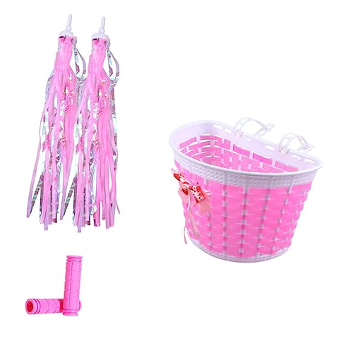 OFFSCH Cesta Delantera Tejida para Bicicleta Infantil con Fundas de Manillar y Serpentinas Accesorios Decorativos para Niñas Color Rosa Kit Completo para Bicicletas y Patinetes Infantiles