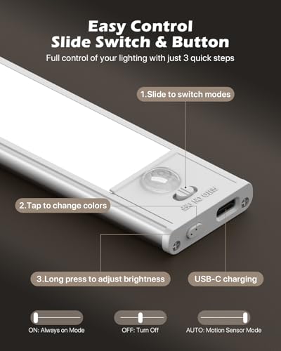 Image of Under Cabinet Lighting, 108LED Rechargeable Motion Sensor Cabinet Light 11.8Inch, 3 Color Temps Dimmable Magnetic Closet Lights, Wireless Under Cabinet Lights for Kitchen, Hallway - 2Pack